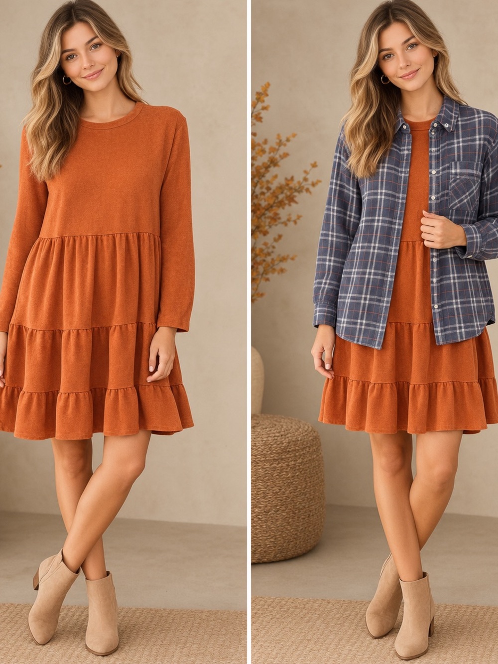 Set: J.Crew plaid shirt and wild fable Rust Orange Tiered MiniDress